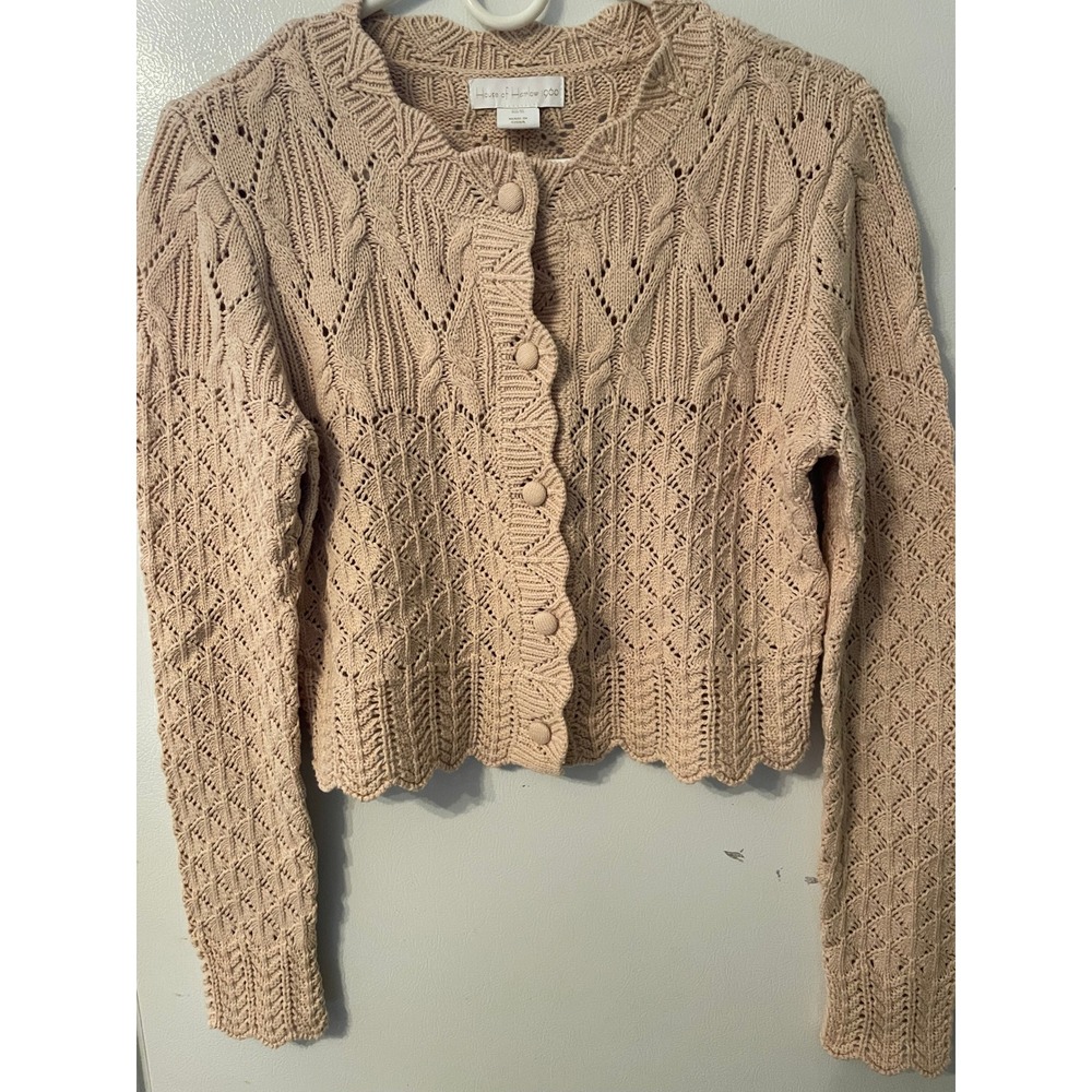 House of Harlow 1960 Women's M Beige Cable Knit Cropped Cardigan Perfect Sweater